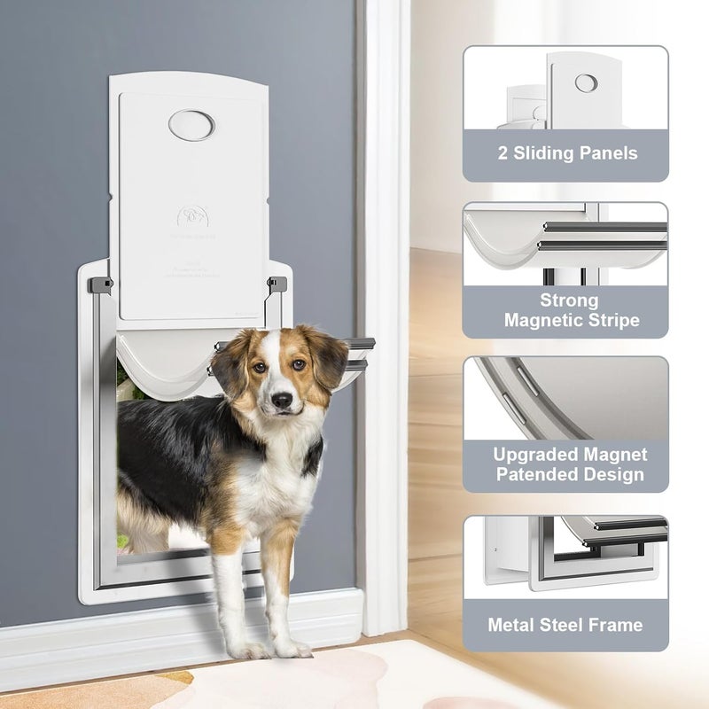 Decormax Steel Dog Door for Wall, Energy Efficient Pet Door, Telescoping Tunnel and Steel Frame, Double Magnetic Flaps and Two Sliding Lock Panels, Easy to Install, White, Medium - Image 2